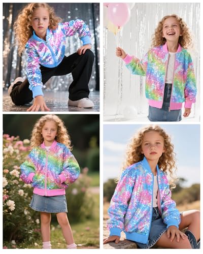 OlyPegic Girls Sequin Jacket Sparkly Glitter Bomber Kids Outwear with Pockets Zipper Coat Long Sleeve Jackets 4-12T3