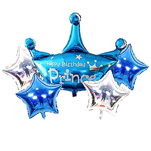 Image of Propsicle 36 inch Large Blue Prince Theme Birthday Decoration for Kids Crown Helium Foil Balloon Birthday Kids Item First Birthday Decoration - Pack of 5