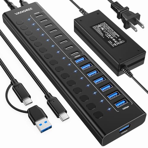 Powered USB Hub 3.2 Gen 2 VANGREE 16 Ports USB Hub (8 USB-A 3.2+8 USB-C 3.2) 10Gbps Aluminum Multiport Expansion Hub with 96W Power Adapter for PC Laptop HDD SSD Flash Drive