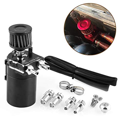 TASAN RACING Universal Oil Catch Can with Breather Filter Baffled Reservoir Tank, Aluminum, 300ml, Black