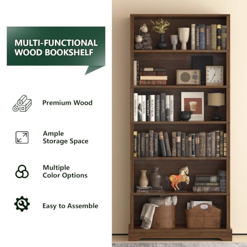 Image of TVU 6 Tiers Wooden Bookshelf, 77.2 inch Tall Farmhouse Style Open Bookcase, 31.5 inch Wide Standing Book Shelf with Storage for Study Room, Living Room, Walnut Brown