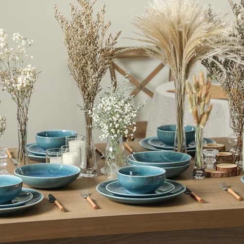 Image of Stone Lain Riley 16-Piece Dinnerware Set Stoneware, Plates and Bowls Set, Dishwasher and Microwave Safe, Dish Set for 4, Blue