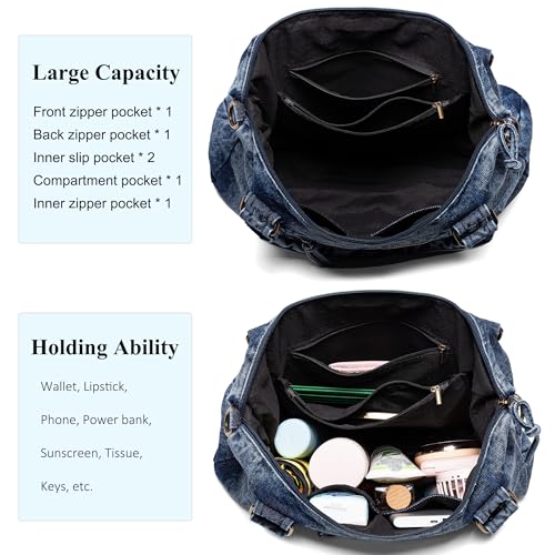 Image of Designer Denim Handbags for Women Hobo Tote Bag Crossbody Denim Purses Blue Jean Shoulder Bag