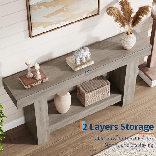 63 Inches Long Console Table for Entryway, Farmhouse Console Table for Living Room, 2-Tier Large Sofa Table with Storage, Wooden Entryway Entry Table for Entrance, Hallway