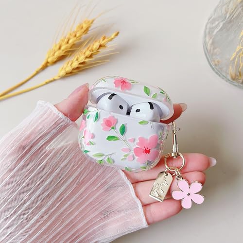 Image of MINSCOSE for AirPods 4 Clear Case,Cute Flower Plant Leaves Pattern Design with Trendy Floral Keychain,Soft TPU Protective Shockproof Case for Girls Women for Airpods 4-Pink