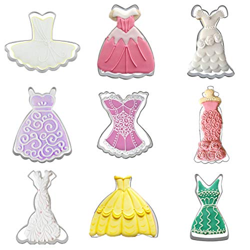 Cookie Cutters Set of 9 pcs Stainless Steel Cookie Cutter Mold Set Dress Shaped Cartoon Skirt Baking Mold Dress Design Pastry Biscuit Cake Fondant Mould Kitchen Tool for Baking DIY
