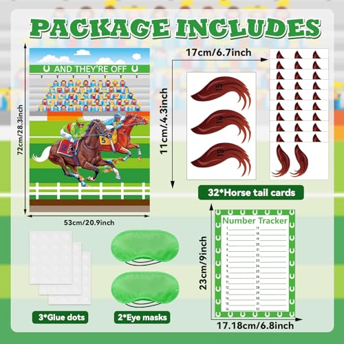 QOUBAI 32Pcs Derby Horse Games for Kids Pin The Tail on The Horse Poster Derby Party Games with Tail Stickers for Derby Party Decorations Racing Horse Party Favors Supplies Kit for Kids Family Game