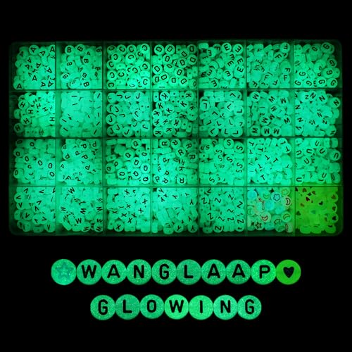 WangLaap 1450Pcs Glow in The Dark Acrylic 4x7mm Round Letter Beads (Extra for Vowel Letter) and Heart, Moon, and Star Beads for Bracelets Necklaces Jewelry Making (Glow in The Dark, 4x7mm)
