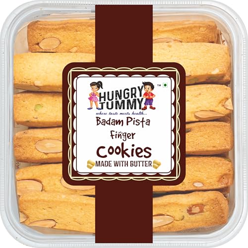 Image of HUNGRY TUMMY Badam Pista Finger Cookies | Handmade Butter Cookies | Premium Almond & Pistachio Biscuits | Crunchy Tea-Time Snack | No Preservatives | Gourmet Healthy Cookies (Pack of 250g)