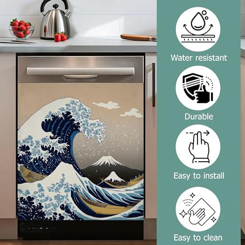 Image of Dishwasher Magnets Decorative Cover,Japanese Sea Wave Refrigerator Magnet Cover,Washable Vintage Boats Dishwasher Front Panel Cover Home Kitchen Decoration 23x26 Inch