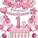 1st Geburtstagsdeko Rosa Geburtstag Luftballons Happy Birthday Banner mit Großem Ballon 1. und Rosa Weißen Konfetti Luftballons und Tischdecke für Kindergeburtstag Mädchen Tochter Babyparty Party Deko
