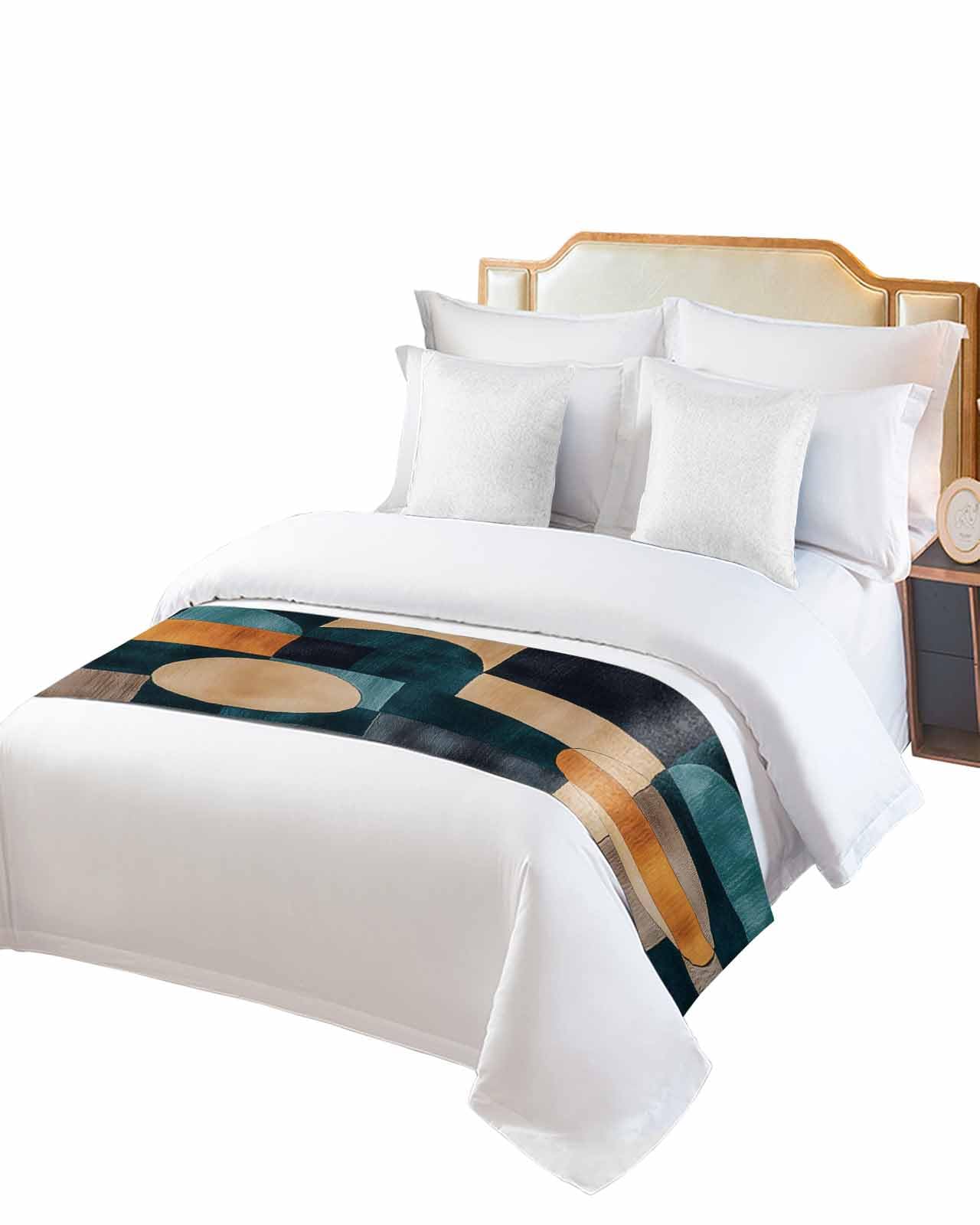 Turquoise Beige Geometric Bed Runner for Twin Size, Abstract Art Painting Bedspread Protector Slipcover Bed Scarf for Foot Runners & Scarves for Bedroom Hotel Wedding Room 71x20 Inches