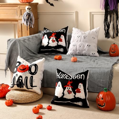 TOYPOPOR Halloween Decorations, 2 Packs Double Sided Ghost Pillow Covers, Soft Faux Fur Throw Pillow Cases, Indoor Outdoor Couch Cushion Case for Fall Autumn Bedroom Living Room Home Decor 16''x16''