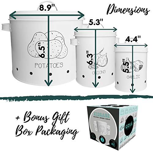 Potato Onion Garlic Storage Bin with Lid - Set of 3 - Kitchen Pantry Organizer and Tin Vegetable Keeper - Vintage White Farmhouse Metal Containers - Counter Fresh Produce Canister Bins by GOVÅ - Thumbnail 4
