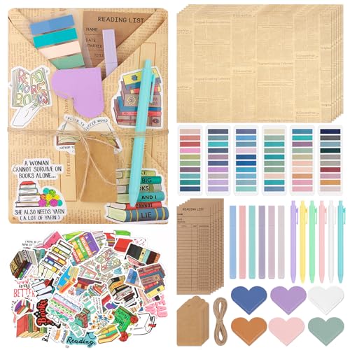 6 Set Blind Date with a Book Supplies DIY Book Lovers Gifts Including Kraft Paper Index Tabs Reading List Bookmark Heart-Shape Bookmark Kraft Tags Ballpoint Pens Highlighters and 50 x Book Stickers
