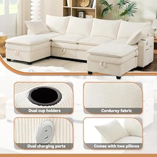 Yihomfy Canapé d’Angle Modulable en L/U 280 cm, 6 Places avec Repose-Pieds Amovible, Rangement, Porte-gobelet,Canapé Profond pour Salon, Meuble de Salon Moderne,canapé Convertible,Beige