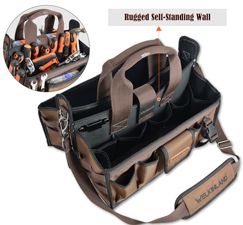 Image of WELKINLAND 20-Pockets Tool Tote Bag,16 inch Brown Open-Top Electrician Tool Bag