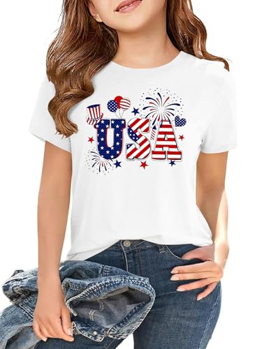Boys Girls 4th of July Shirt Cotton Kids Red White and Blue USA American Flag Shirt Comfortable Patriotic Summer Top 2-12 Years