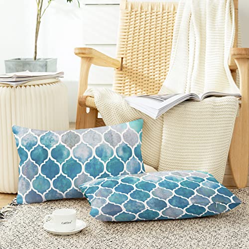 Calitime Throw Pillow Covers Pack Of 2 Cozy Colorful Geometric Trellis Chain Accents Manual Hand Painted Cushion Cases For Couch Bed Sofa Farmhouse Decorative 12 X 20 Inches Main Grey Teal #TOP4