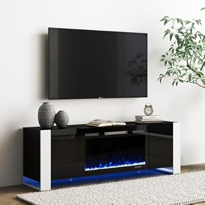 Real Relax 70" U-Shaped Leg TV Stand with 36" Electric Fireplace, High Gloss Finish Entertainment Center for TVs Up to 80", TV Console Cabinet for Living Room, Black