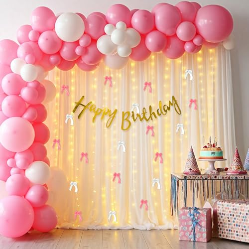 Image of SpecialYou.in Rubber 43 Pcs Birthday Decoration Kit for Girls with Pink & White Balloons for Decoration,Birthday Backdrop for Decoration,Back Drop Curtain for Decorations,White Pink Ribbon for Decor