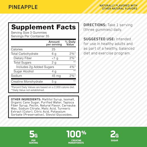 Image of Optimum Nutrition Creatine Monohydrate Gummies, Pineapple Flavor, 105 Count, 35 Servings, 5g Creatine per Serving (Packaging May Vary)