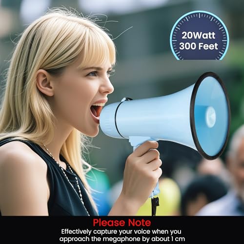 MyMealivos Portable Megaphone 20 Watt Power Megaphone Speaker Bullhorn Voice and Siren/Alarm Modes with Volume Control and Strap (Light Blue)