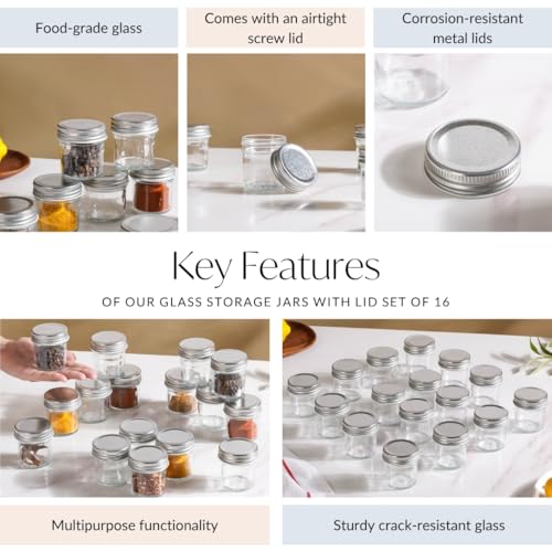 Image of Nestasia Set of 16 Mini Glass Jars with Airtight Silver Lids | Food-Grade Containers for Spices, Snacks, Dry Fruits, Candy & Kitchen Storage (50ml)