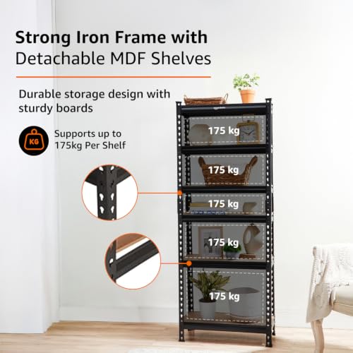 Image of Amazon Basics 6-Tier Storage Rack | Bolt-Free Assembly | Metal Stand & Thick MDF Board | 175kg Capacity Per Shelf | 72H x 24W x 12D inch Adjustable Shelf Rack for Home, Garage & Shop | Black