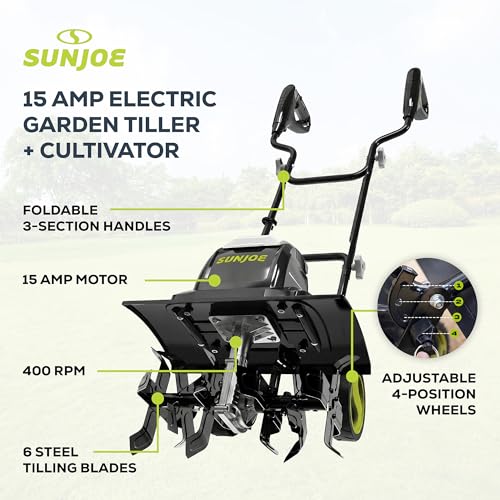 Image of Sun Joe Electric Garden Tiller & Cultivator with Steel Tines, TJ605E | 15-Amp Motor, 6 Tines, 15.7-Inch Cutting Width for Lawn, Yard & Soil Aeration
