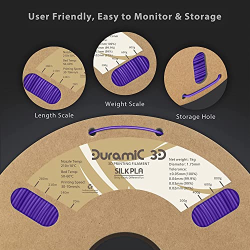 Image of DURAMIC 3D Silk PLA Filament Pure Shinny High Gloss Finish 1.75mm | 3D Printing Filament with Cardboard Spool,No-Tangling Neatly Wound Dimensional Accuracy 99% + /- 0.03mm 1KG Silk Purple