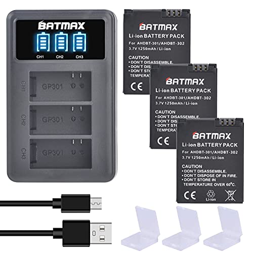 Batmax 3Pcs AHDBT-301 Li-ion Battery + 3-Slots LED USB Charger for GoPro Hero 3 Hero 3+ GoPro AHDBT-301 AHDBT-302 Cameras