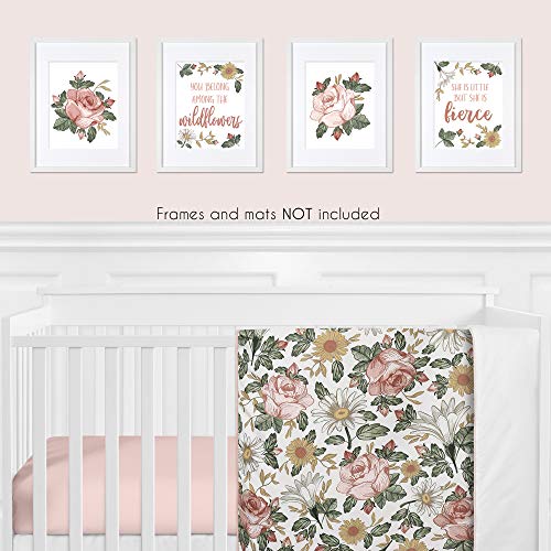 Image of Sweet Jojo Designs Vintage Floral Boho Wall Art Prints Room Decor for Baby, Nursery, and Kids - Set of 4 - Blush Pink, Yellow, Green and White Shabby Chic Rose Flower Farmhouse Wildflower