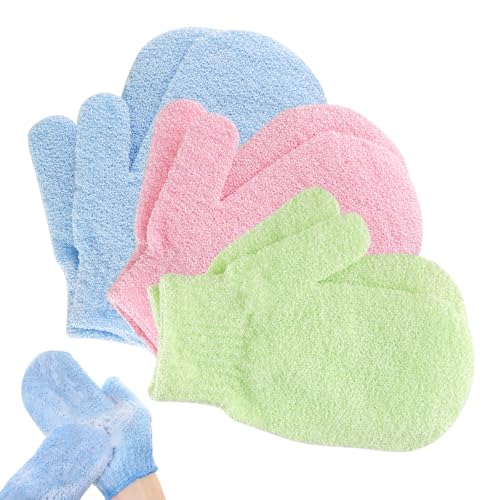 Exfoliating Gloves, 6pcs Bath and Body Exfoliator Mitts, Bamboo Shower Gloves, Scrubs Away Ingrown Hair and Dead Skin, for Shower, Spa, Massage and Dead Skin Cell Remover Loofah (Pink, Blue, Green)