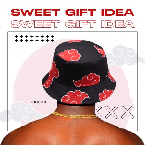 Anime Bucket Hat For Women And Men - Red Cloud Cosplay Black Bucket Hat Anime Accessories, Summer Hat Beach Outdoor Travel Headwear Style #TOP3