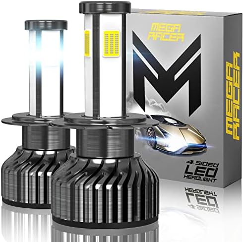 Mega Racer H7 LED Headlight Bulbs - 6000K Diamond White, 12V 60W 10000 Lumens, Premium COB LED Chips, Ip68 Waterproof Rating, 4 Sided Automotive