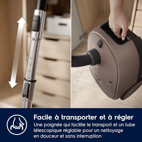 Electrolux 600 Clean, Aspirateur avec Sac, Commandes aux Pieds, 50% de Plastique Recyclé, Filtre Hygiène 12 Lavable, Cordon 12m XXL, EB61C3WBL, Marron