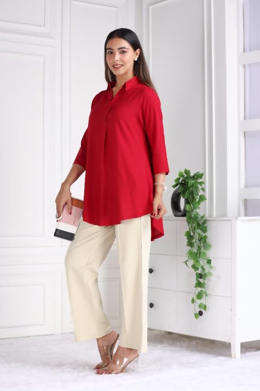 Image of Mlada Rayon Flare Top for Women | 3 /4th Sleeve Regular Fit and Flare Top | Women Office Tops Tunic | Western Long Shirt Top for Women | Shirt Collar Top for Women | Rayon Tunic Tops for Women Western