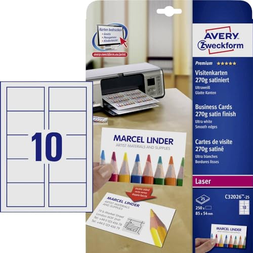 AVERY Zweckform C32026-25 Premium Visitenkarten, blanko (250 Stück, 270g, 85x54 mm, beidseitig bedruckbar, satiniert ultraweiß, absolut glatte Kanten, 25 Blatt) zum Selbstbedrucken auf Laser-Druckern AVERY Zweckform C32026-25 Premium Visitenkarten, blanko (250 Stück, 270g, 85x54 mm, beidseitig bedruckbar, satiniert ultraweiß, absolut glatte Kanten, 25 Blatt) zum Selbstbedrucken auf Laser-Druckern