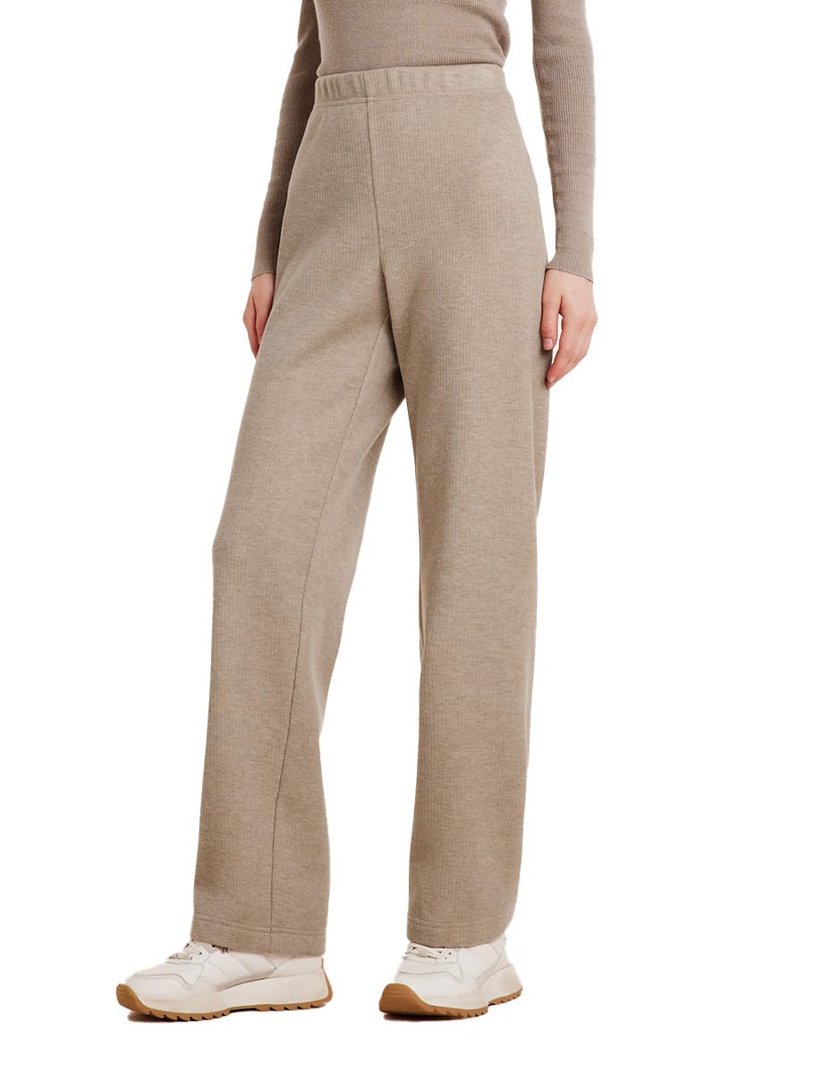 GOELIA Knit Rib Straight High Wasited Full Length Pants for Women Casual Elastic Waist Fleece Lined Pants Women