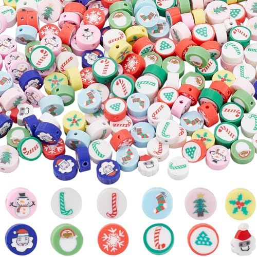 SOFPLATE 1 Box 300Pcs Christmas Polymer Clay Beads Holiday Clay Beads Winter Theme Santa Socks Tree Snowman Green Tone Spacer Bead for jewellery Making Supplies DIY Bracelet Earring Necklace Crafts