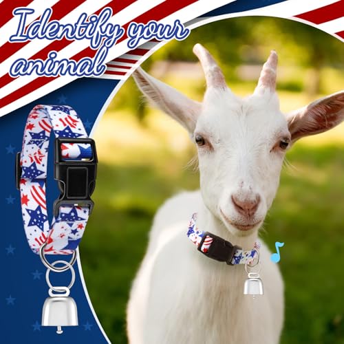 Image of 2 Pack Patriotic Goat Collars with Bells, Red White Blue Adjustable Nylon Sheep Collar 13.7-20.5 in, Loud Copper Bell Grazing Collar for Goats Lambs Sheep Calves Accessories