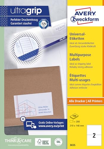AVERY Zweckform 3655 Universal Etiketten (200 Klebeetiketten, 210x148mm auf A4, bedruckbare Versandetiketten, selbstklebende Versandaufkleber mit ultragrip, DHL) 100 Blatt, weiß