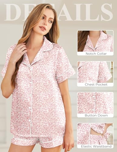 Image of Silk Pajamas for Women Short Sleeve Sleepwear Soft Button Down Loungewear 2 Piece Satin Pjs Shorts Set S-XXL