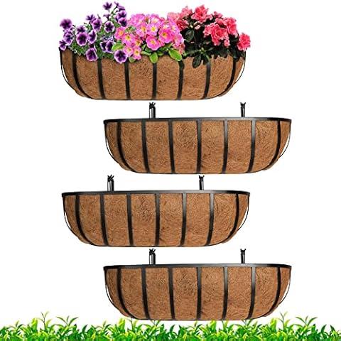 24 Inch Window Box Deck Railing Planter with Coco Liner Metal Horse Troughs Fence Planter Balcony Metal Hanging Planter Bracket Deck Railing Planter Boxes for Outdoor Balcony Rail Fence Porch Patio Cover