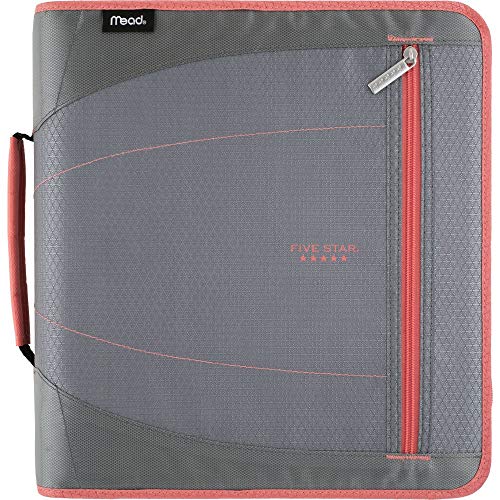 Five Star Zipper Binder, 2 Inch 3 Ring Binder, Removable File Folders, Durable, Gray/Bright Coral (29036IY8)