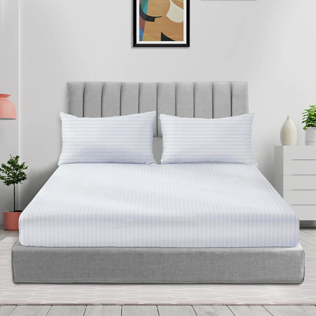 Sleep Well Microfiber Stripe Fitted Sheet with 2 Pillowcase Set - 180x200+17cm (White)