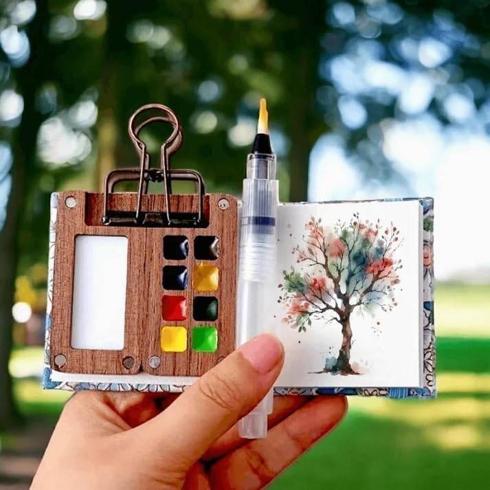 Mini Coffret Aquarelle Voyage – Palette Bois, Carnet De Croquis Et Pinceau Pour Peindre En Extérieur
