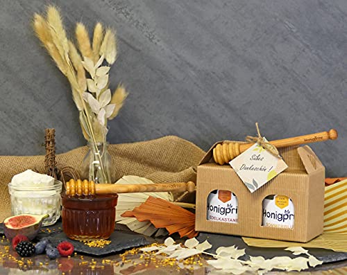 Honig Geschenkset SÜßES DANKESCHÖN mit Honiglöffel aus Buchenholz und Grußkarte - 1x250g Frühtracht cremig und 1x250g Sommerblüte cremig - 100% Deutscher Honig Honigprinz Familien-Imkerei