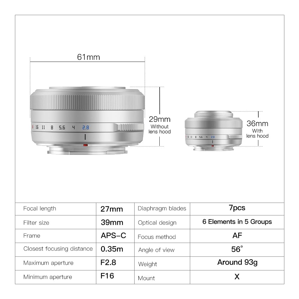 TTArtisan 27mm F2.8 Objectif APS-C Auto Focus pour Fuji X Mount Argent